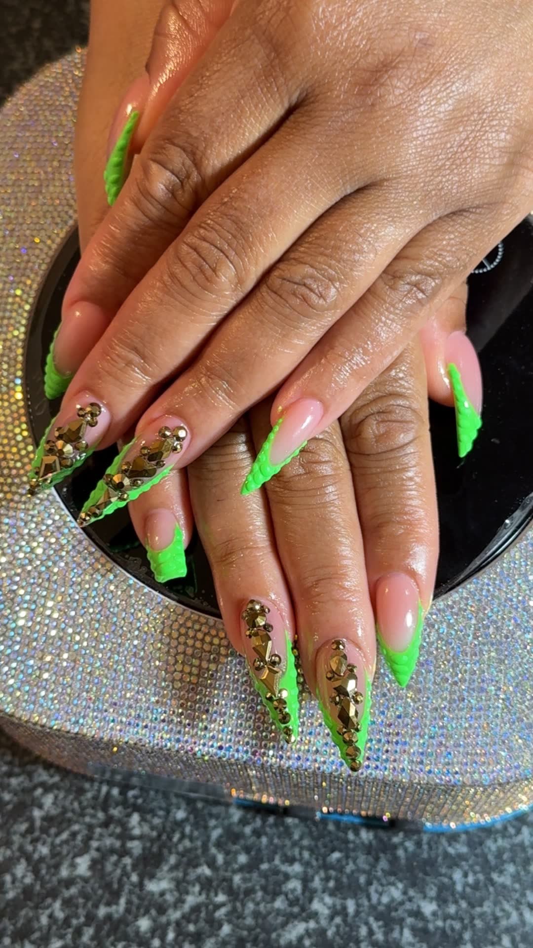 Neon green stiletto with gold gems