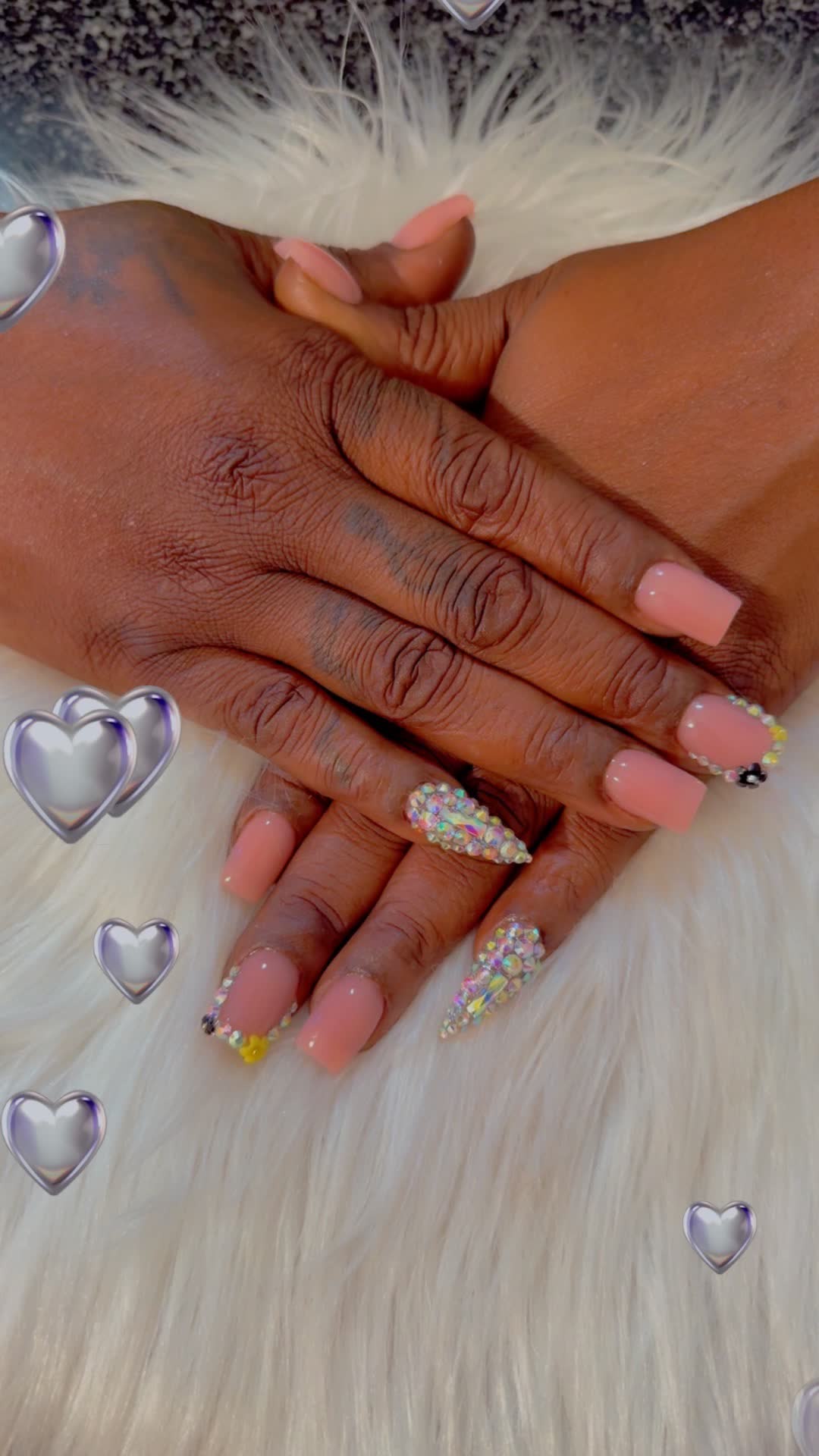Nude pink square with crystal and floral art