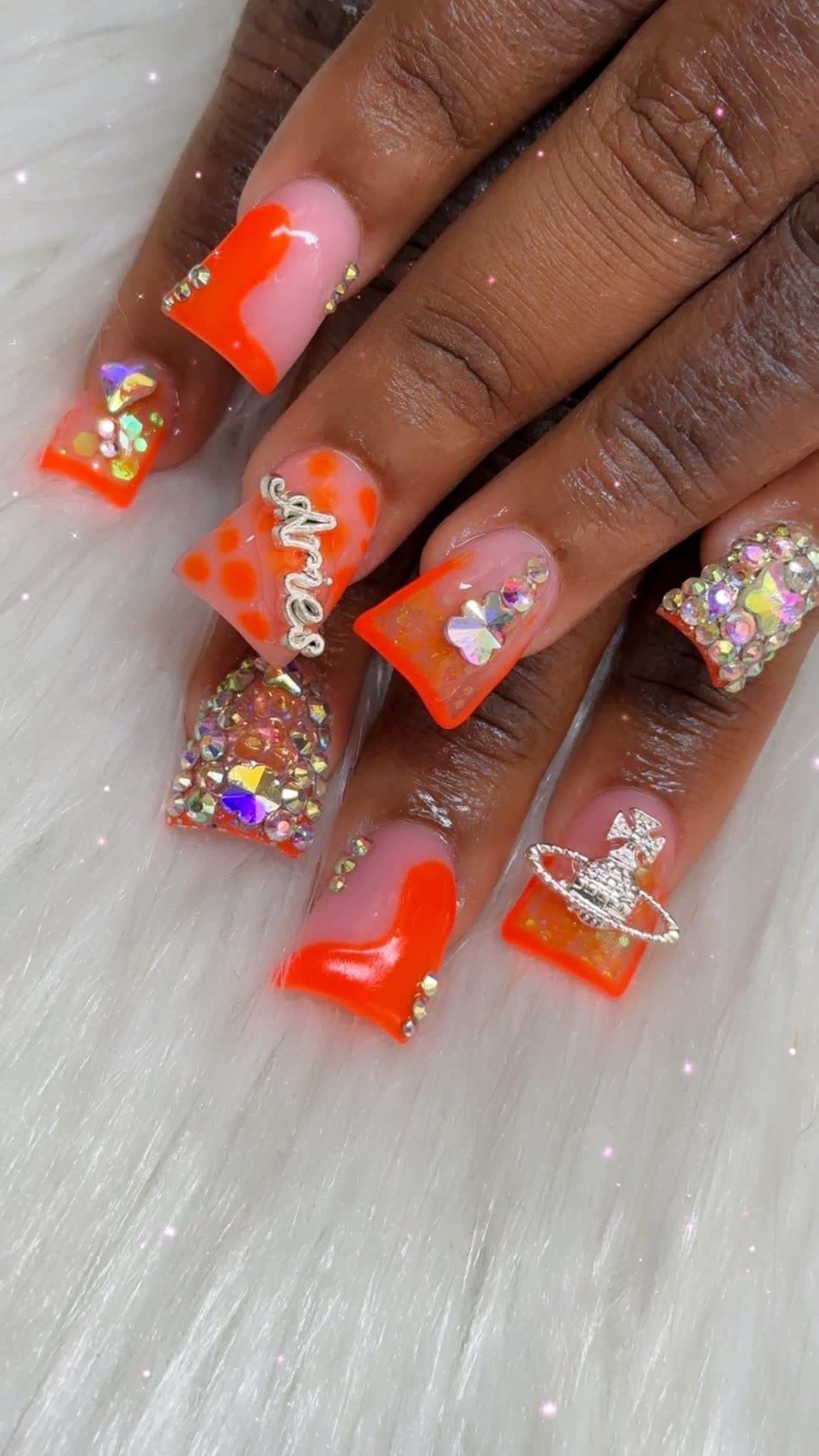 Neon orange set with charms and crystals