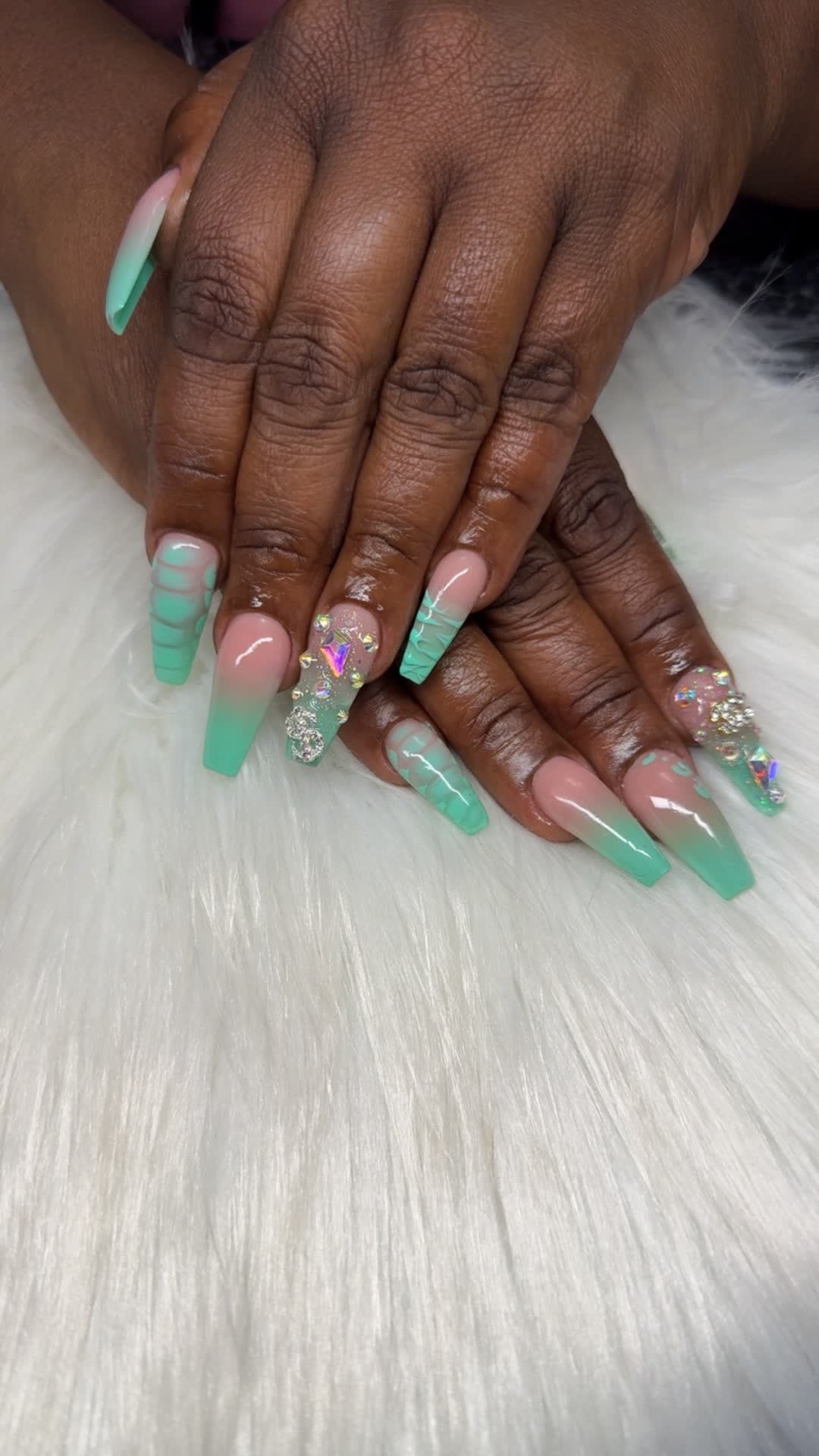 Mint ombre coffin with 3D texture and gems