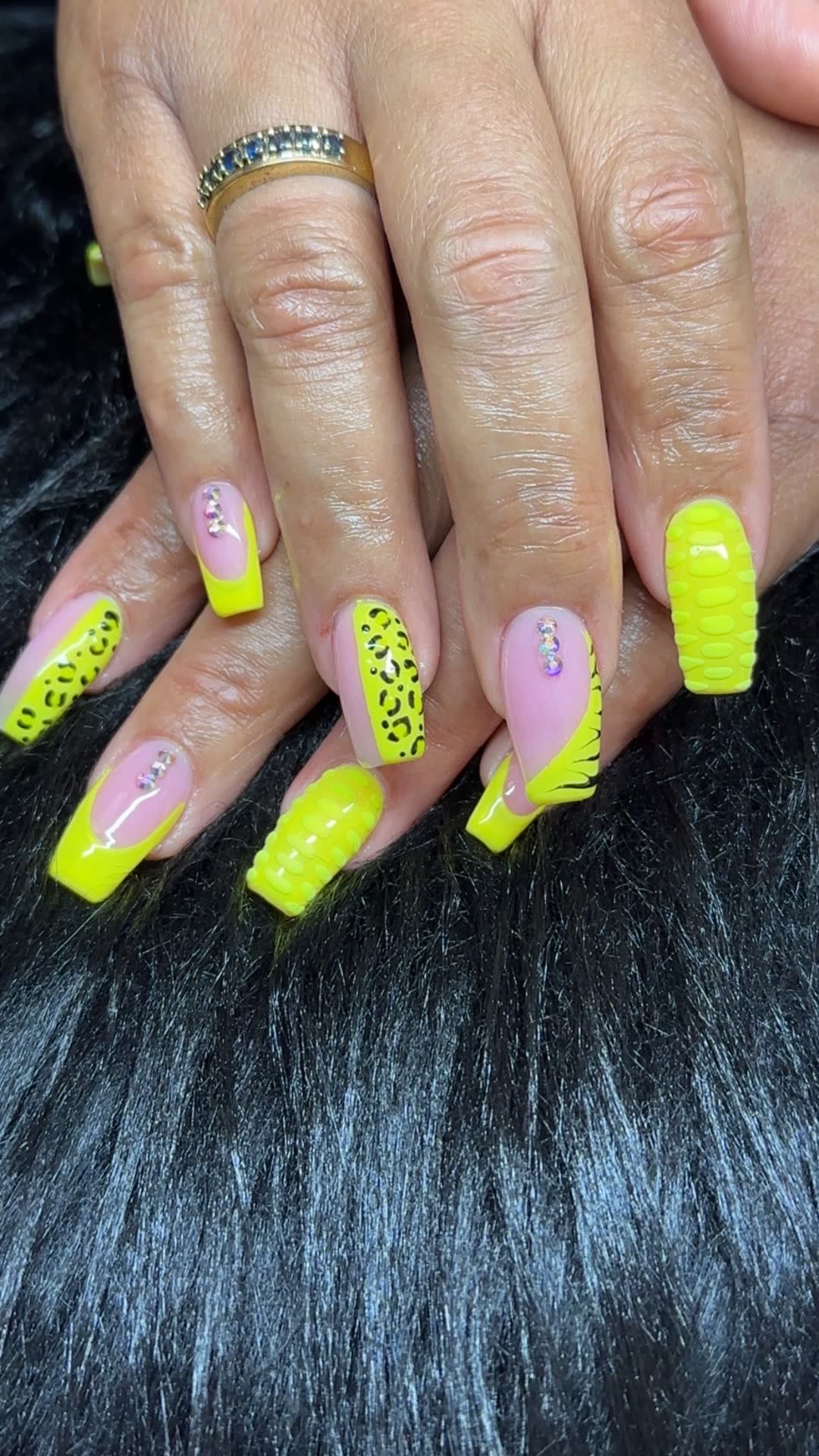 Neon yellow coffin, leopard and croc textures